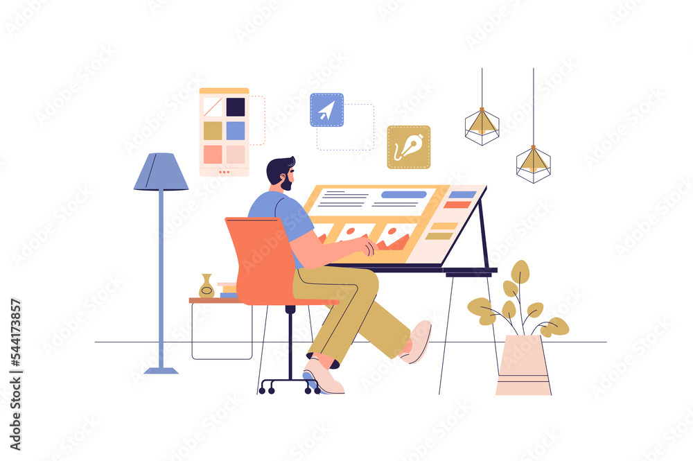 Poster Designer studio web concept with people scene. Illustrator working at drawing table with pen and palette. Creative artist making content. Character situation in flat design. Illustration.