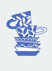 Decor printable art. Vector illustration. Design for prints, posters, cards, textile. Hand drawn potter coffee cups. Isolated background