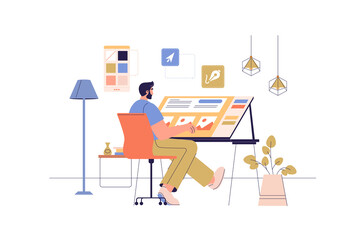 Designer studio web concept with people scene. Illustrator working at drawing table with pen and palette. Creative artist making content. Character situation in flat design. Illustration.