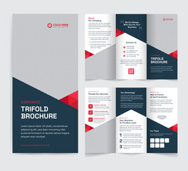 Corporate trifold brochure template. Modern, Creative, and Professional tri-fold brochure vector design. Simple and minimalist layout with blue and red colors. Corporate Business Trifold Brochure.