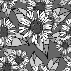 bright seamless pattern of large black and white inflorescences on a gray background, texture, design