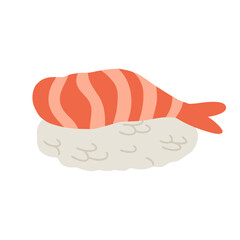 Sushi with shrimp. Traditional Japanese cuisine, fresh seafood. Clipart hand-drawn, cartoon.