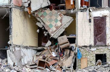 destroyed and burned houses in the city during the war in Ukraine