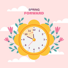 Flat spring forward illustration with clock
