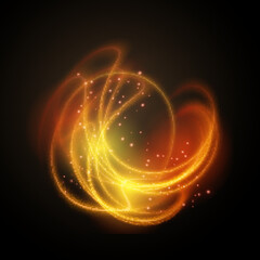 Light effect line gold vector circle. Glowing light fire ring trace. Glitter magic sparkle swirl trail effect on transparent background.