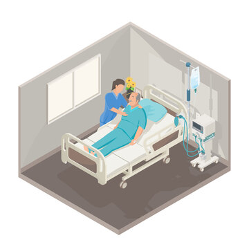 Bedridden Patient Elderly Care Concept Old Man Isometric Hospital Room