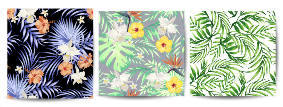 Flower print pattern collection. Seamless tropical vector illustration. Set botanical plants, palm leaves, hibiscus.