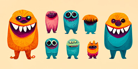Monster colorful silhouette icon set. Cute cartoon scary funny character. 