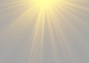 Flash gold light with rays and spotlight. Golden star burst with sparkles. Translucent shine sun, bright flare. Sunlight glowing png effect. Yellow beam sunrays on transparent background. Vector