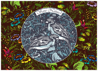 Obraz na płótnie Canvas Birds in the camera lens against the background of lush vegetation. Above inscription - Save Nature! Vector illustration