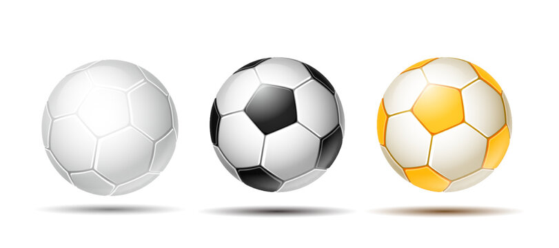 Soccer ball. Football balls Set. Golden, white and black color. Mockup of sports elements.