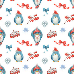 Winter seamless cartoon pattern with cute watercolor blue pinguins. Little birds skating on new year eve in red hats. Art with red berries, bows, snowflakes for christmas textile, decor, pack etc.