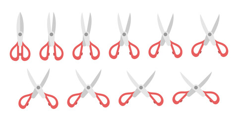 Scissors set, various angles, open and closed, isolated on white. Office supply, kitchen utensil, craft and stationery concept. Flat design. EPS 8 vector illustration, no transparency, no gradients