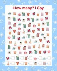 Christmas I spy, How many gifts counting educational game for kids with winter elements, vector illustration educational puzzle, printable worksheet for kids, leisure or study game, teachers resources