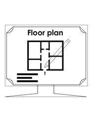 Drawing plan icon. House plan monitor icon. Online real estate house icon. Floor plan icon. Appartment sketch on the monitor screen