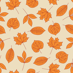 Scattered Orange Outlined Fall Leaves Surface Design Textiles Seamless Repeat Pattern Design