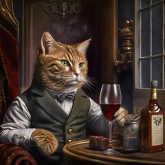 A distinguished ore gentleman cat dressed in a white shirt and black vest, drinks Scotch whiskey in his private  men's office. Artistic modern digital painting. - obrazy, fototapety, plakaty