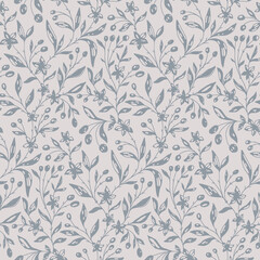 Seamless floral pattern, sketch ditsy print with hand drawn branches on a light blue background. Simple flower design with painted wild plant: small flowers, leaves on branches. Vector illustration.