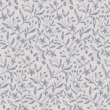 Seamless floral pattern, sketch ditsy print with hand drawn branches on a light blue background. Simple flower design with painted wild plant: small flowers, leaves on branches. Vector illustration.