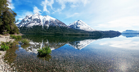 landscape of argentina patagonia, Bariloche with snowy mountains and crystal clear water lakes
