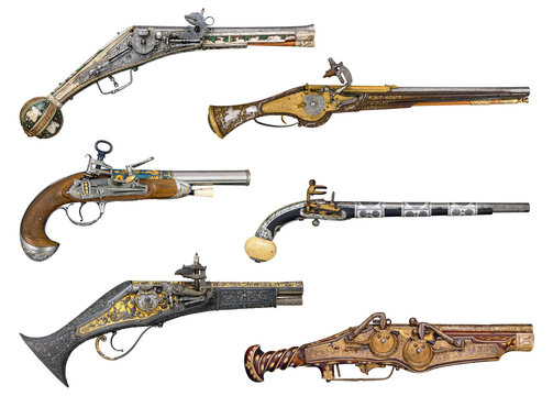 Old 16th and 17th century pistols and handguns isolated