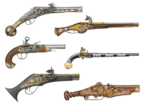 Old 16th and 17th century pistols and handguns isolated