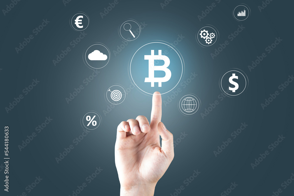 Poster bitcoin and icons on a virtual screen.