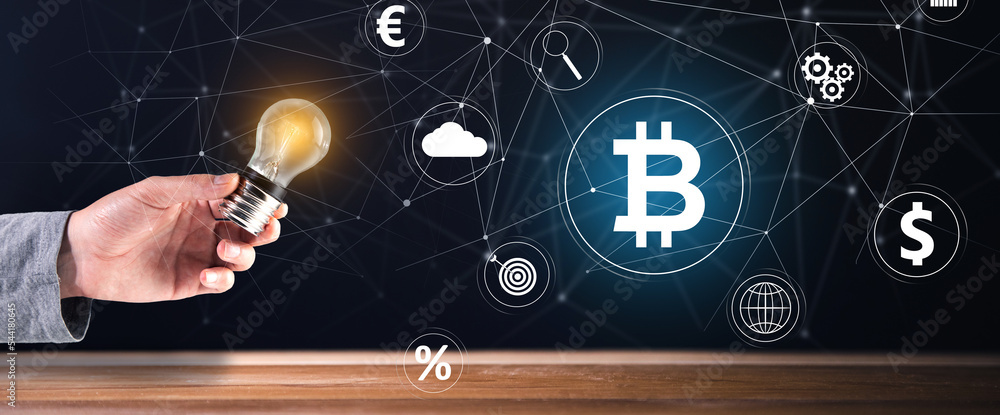 Poster bitcoin and icons on a virtual screen.