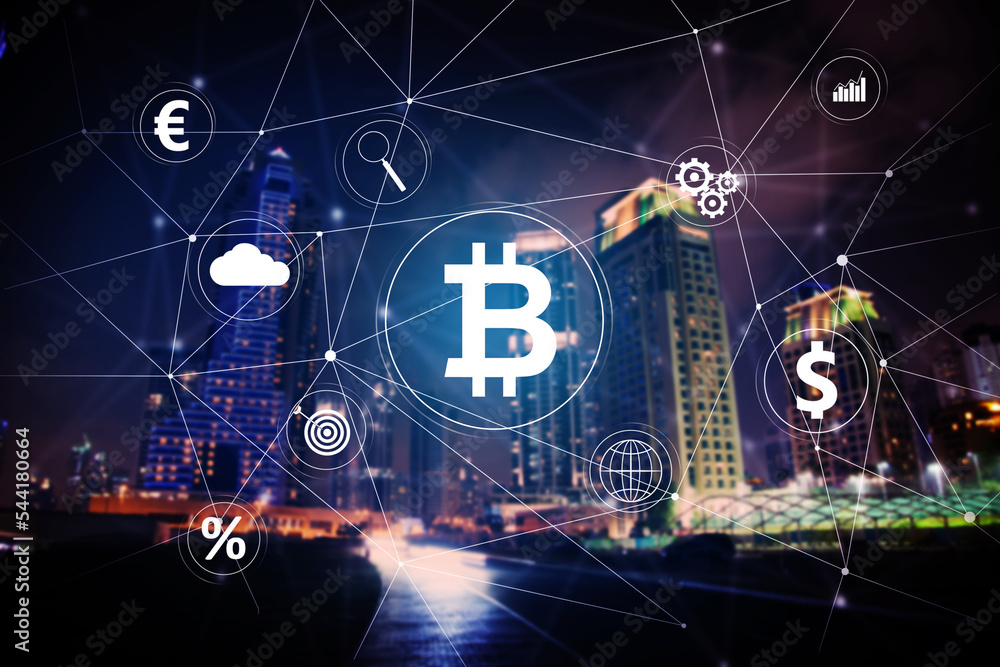 Poster bitcoin and icons on virtual screen