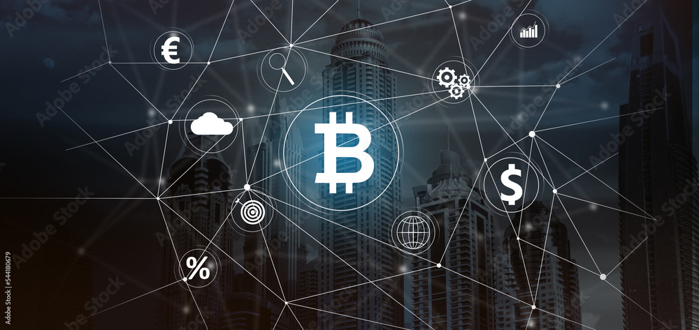 Poster bitcoin and icons on virtual screen