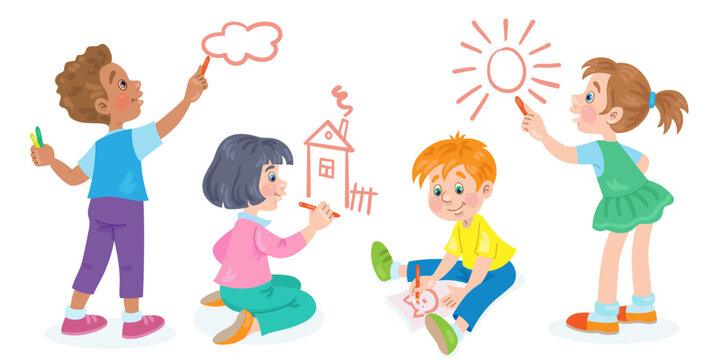 Children draw. Two little girls and two funny boys are painting together. In cartoon style. Isolated on white background. Vector flat illustration