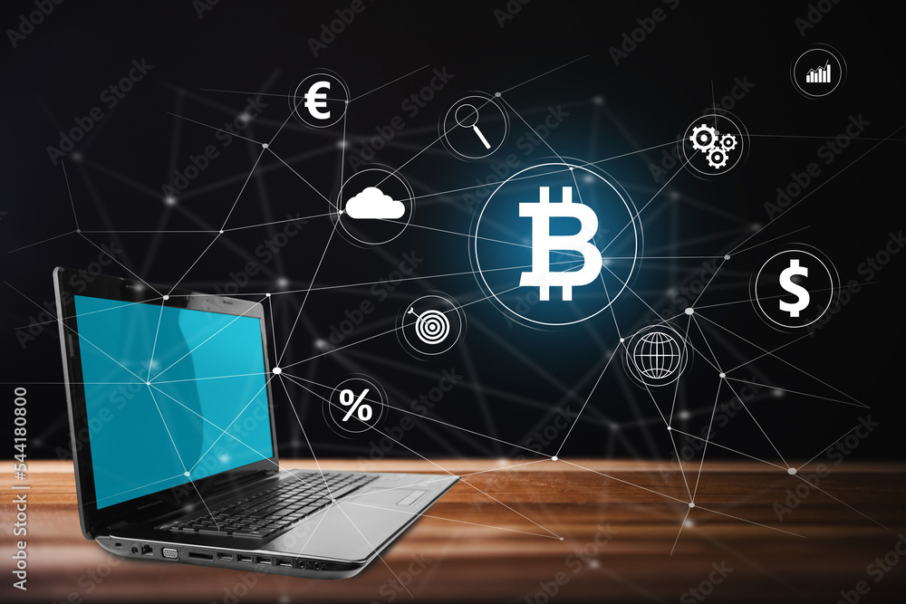Poster bitcoin and icons on a virtual screen.