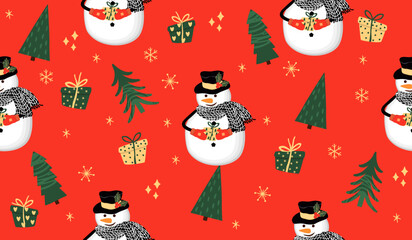 Christmas seamless pattern with a snowman and fir trees. Cartoon character in a hat and scarf, snowflakes and gifts.Red background.Festive print on fabric and paper.Vector flat style illustration.