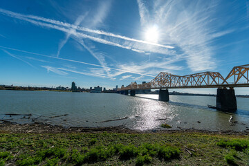 Louisville, KY and the Abraham Lincoln and John F. Kennedy Bridges over the Ohio River as seen from...