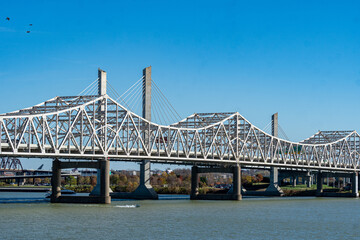 Louisville, KY and the Abraham Lincoln and John F. Kennedy Bridges over the Ohio River as seen from...