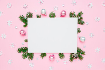 Christmas, New Year holiday card with copy space for text. Blank white paper in frame of natural...