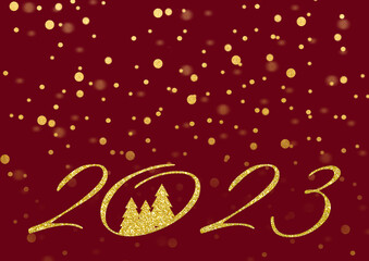 2023 gold number. winter burgundy background, golden snowfall. Red solid background with yellow snow flakes, different depth of field.