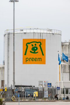 Gothenburg, Sweden - July 24 2022: Preem logo on a large white oil tank.