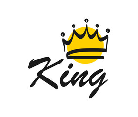 King crown typography. Black lettering King and gold crown. Calligraphy design for the logo, t-shirt, pillow, mug, postcards etc. Vector illustration.