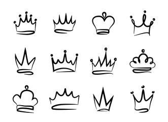 Hand drawn doodle crowns. Collection of sketch crown. Royal crown. Different crowns and tiaras king or queen. Vector illustration. © Anya