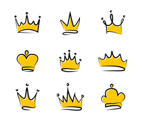 Hand drawn doodle crowns. Collection of sketch crown. Royal golden crown. Different crowns and tiaras king or queen. Vector illustration.