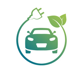 Electric car icon. Electric car with plug charging - logo. EV car. Hybrid and electric vehicles charging point. Eco car with electric charge. Eco friendly vehicle concept. Vector illustration.