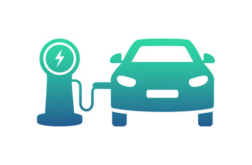 Electric car icon. Electric car with charging station - logo. EV car. Hybrid and electric vehicles charging point. Eco car with electric charge. Eco friendly vehicle concept. Vector illustration.