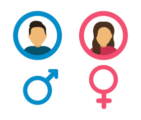 Male and female face icon. Man and woman user avatar. Gentleman and lady gender symbols. Toilet sign boy and girl. Vector illustration.