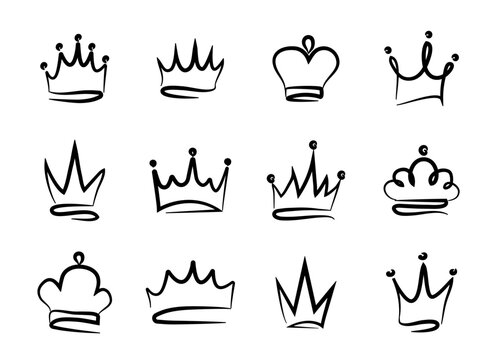 Hand drawn doodle crowns. Collection of sketch crown. Royal crown. Different crowns and tiaras king or queen. Vector illustration.