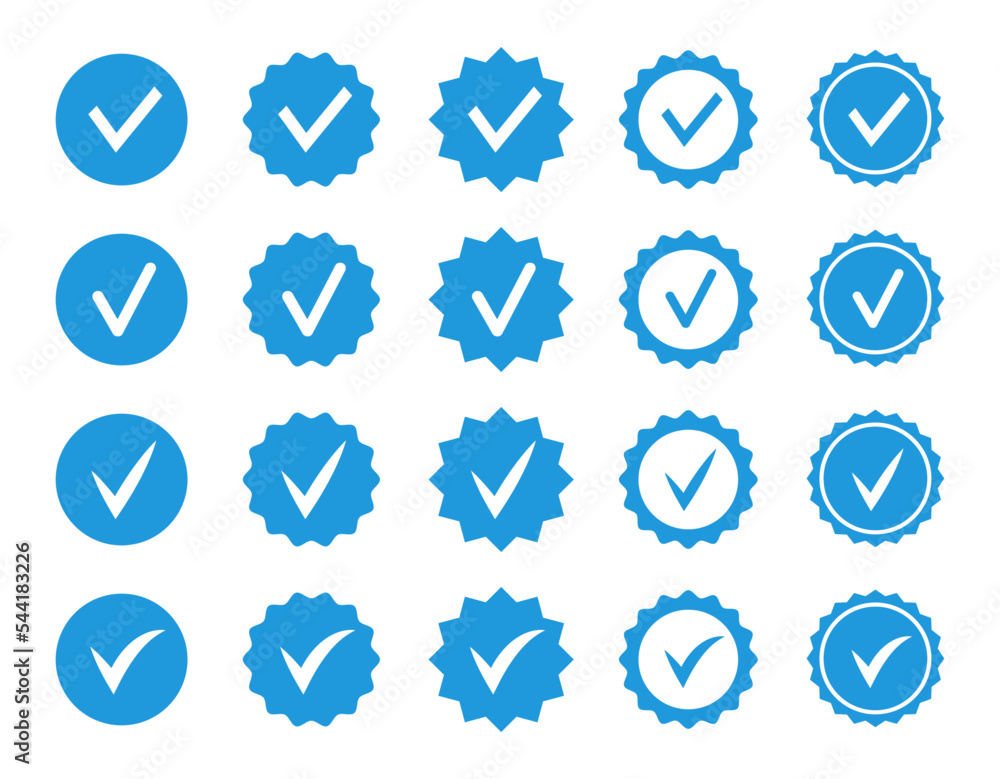 Poster check mark icons. profile verification check marks icon. approved symbol. verified account badge. qu