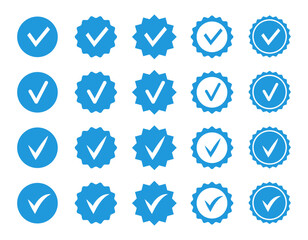 Check mark icons. Profile verification check marks icon. Approved symbol. Verified account badge. Quality and accept signs. Vector illustration.