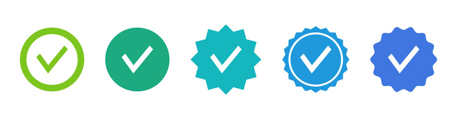 Check mark icons. Profile verification check marks icon. Approved symbol. Verified account badge. Quality and accept signs. Vector illustration.