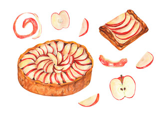 Watercolor apple pie and apples. Watercolor food illustration. Apples illustration. Sweet pastry. Design for menu, cafe, recipe, bakery.