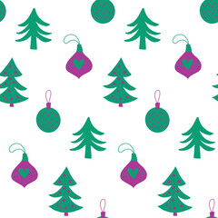 Cute Christmas seamless pattern background design with hand drawn doodles - Christmas trees, glass baubles. Simple naive childish drawing, New Year seasonal festive backdrop texture print.
